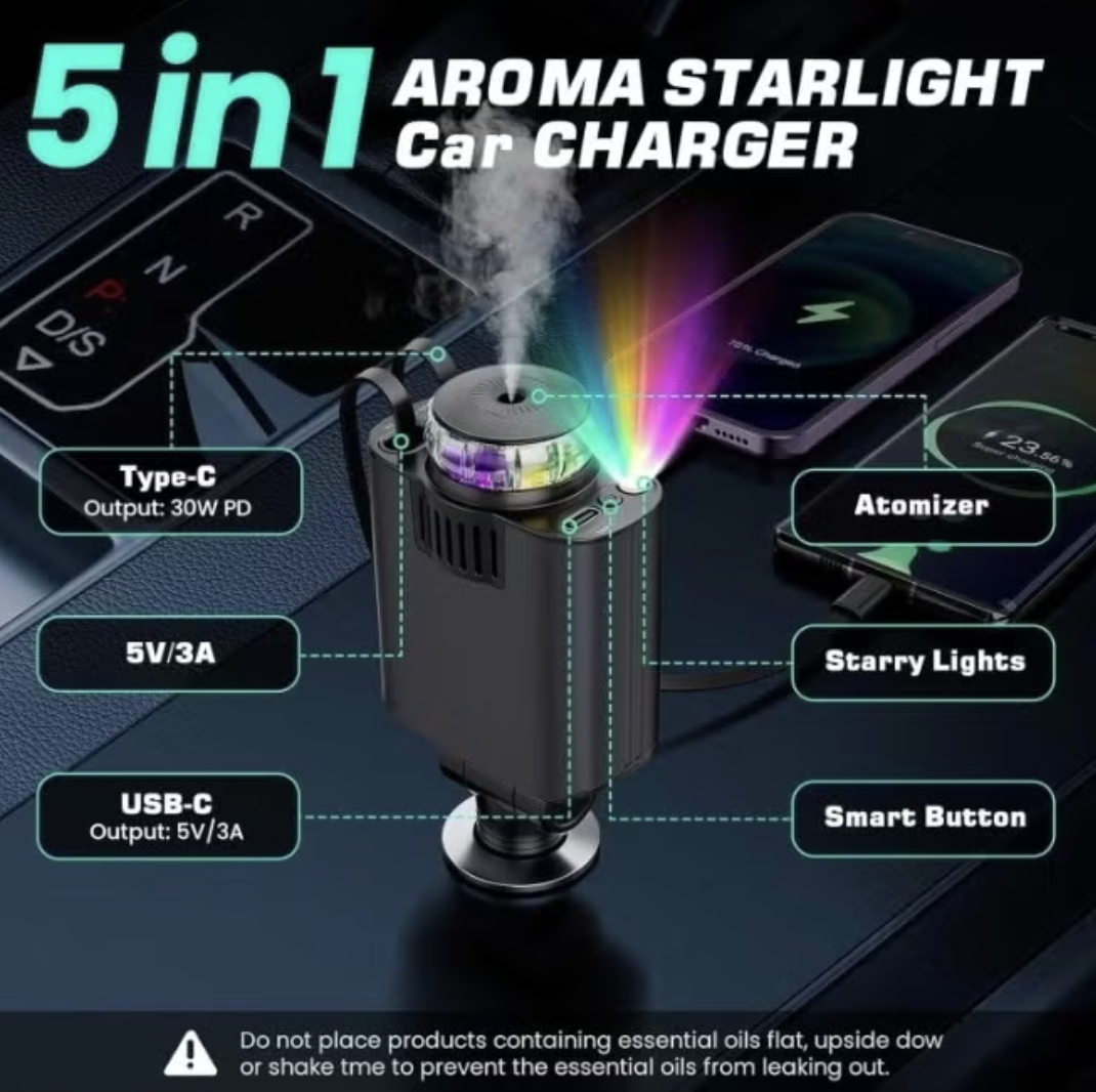 5-in-1 USB-C Car Charger – Retractable Dual-Port Fast Charging Adapter with Aromatherapy Diffuser & Starlight Projector mobile detail 4