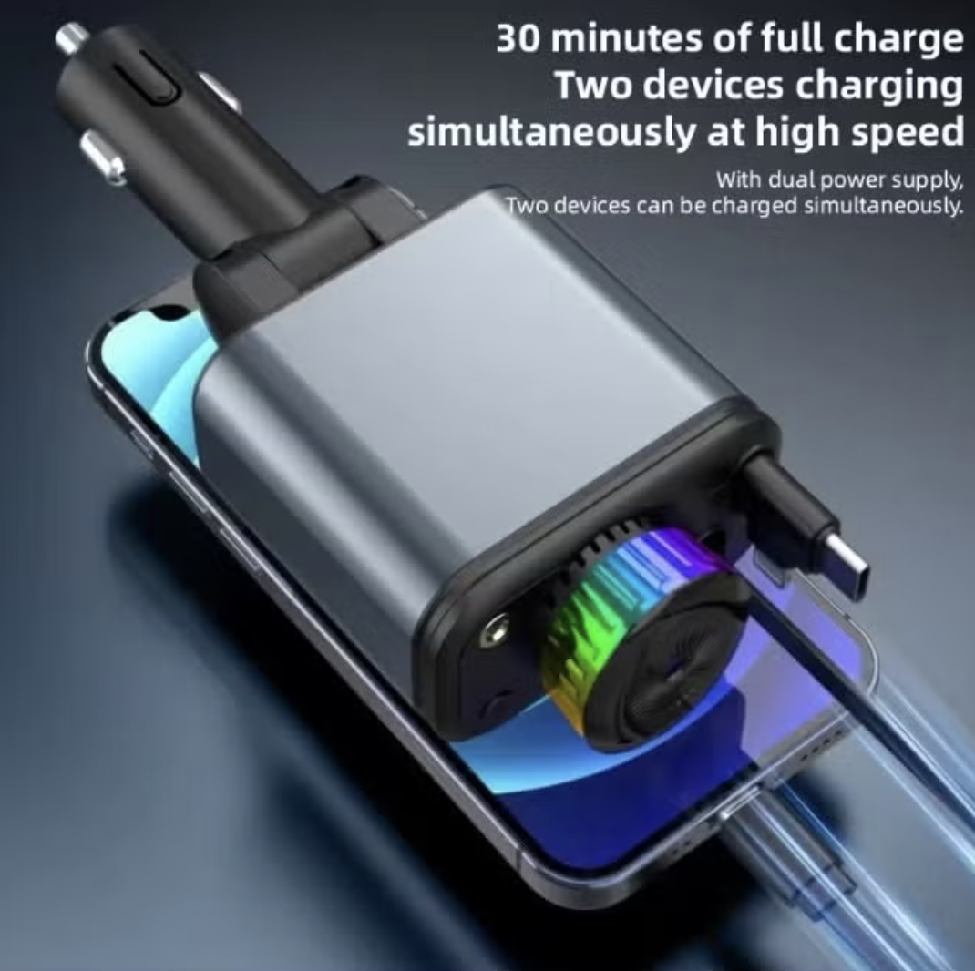 5-in-1 USB-C Car Charger – Retractable Dual-Port Fast Charging Adapter with Aromatherapy Diffuser & Starlight Projector mobile detail 1