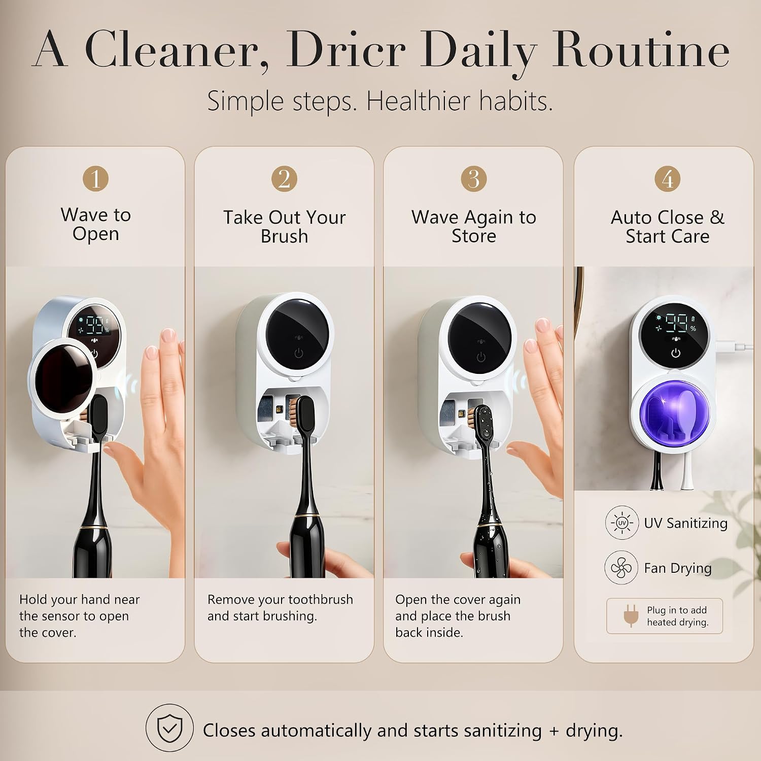 UV Toothbrush Sanitizer Holder with Dual-Mode Cleaning, Fan Drying & Smart LED Screen Wall-Mounted Bathroom Organizer mobile detail 1